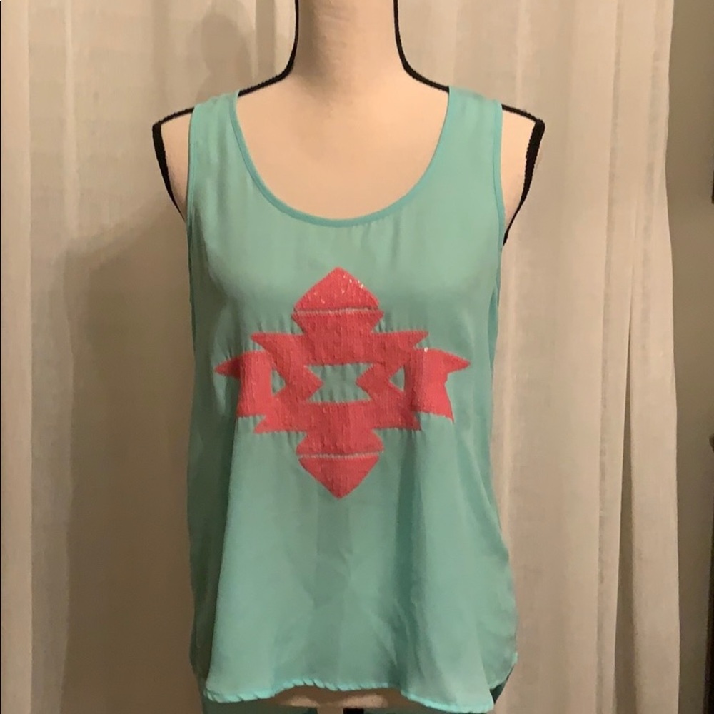 138. Umgee USA Top in Sea Green with Hot Pink Design